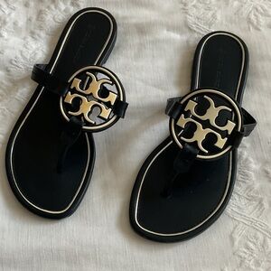 Tory Burch Black Sandals with Gold Emblem